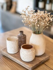 Poster - Artistic Arrangement of Ceramic Vases and Dried Flowers on a Wooden Tray : Generative AI