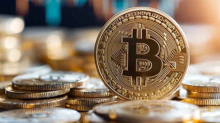 Poster - Shiny Bitcoin Coin Positioned on Stacked Currency and Digital Gains : Generative AI