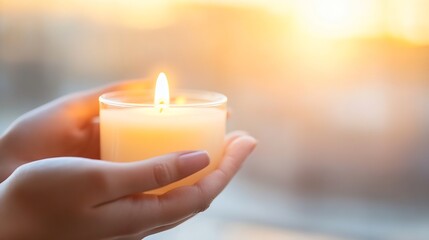 Fototapete - Elegant Candle in Hands Shining with Soft Light during Sunset : Generative AI