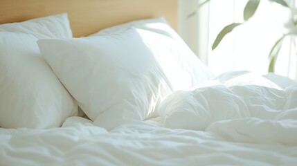 Poster - Cozy white bedding with soft pillows inviting relaxation and comfort in serene bedroom setting : Generative AI