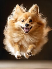 Poster - Happy Pomeranian dog leaping in the air with playful expression and vibrant fur : Generative AI