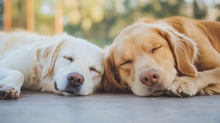 Aufkleber - Two adorable golden retrievers sleeping peacefully together in a sunny outdoor setting : Generative AI