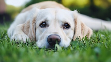 Poster - Playful Golden Retriever Dog Lying on Grass in a Sunny Relaxing Mood : Generative AI