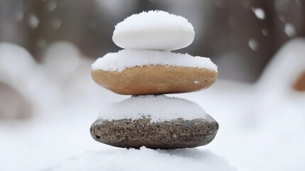 Aufkleber - Three stacked stones covered with fresh snow symbolizing balance and harmony in nature : Generative AI