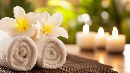 Poster - Relaxing Spa Setup with Soft White Towels and Frangipani Flowers for Ultimate Tranquility : Generative AI