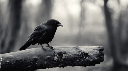 Poster - Elegant black crow perched on a log in a misty forest with natural light : Generative AI