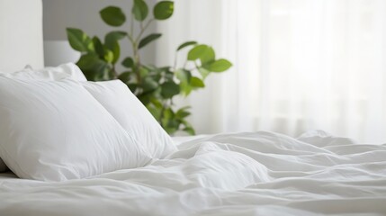 Poster - Cozy Inviting Bedroom with Fresh Linens and Potted Plant for Relaxation : Generative AI