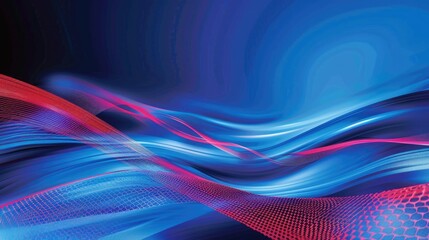 Poster - Abstract red and blue intersecting lines on a dark background. Digital artwork for design and print. Geometric and chaotic concept. Image of red and blue glowing line with dark background. AIG51.
