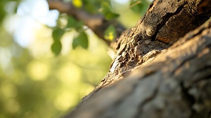 Aufkleber - Natural beauty of a tree showcasing textured bark and vibrant green leaves in soft sunlight : Generative AI