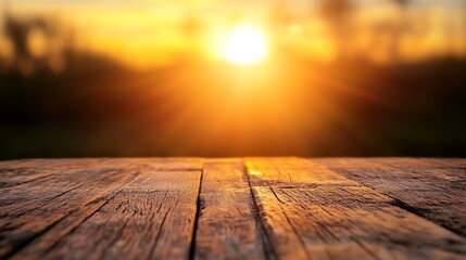 Poster - Wooden Table with Sunlight and Blurred Nature Background at Sunset : Generative AI