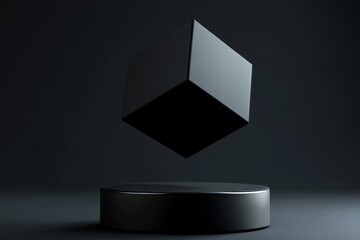 Poster - Black cube levitating on a circular base in darkness