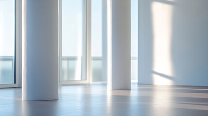 Aufkleber - Minimalist interior design of an empty room with large windows and soft natural light casting shadows on the floor : Generative AI