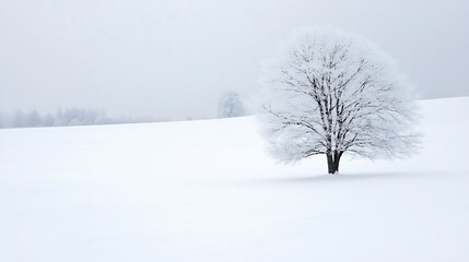 Poster - Isolated winter scene featuring a lone tree in a vast expanse of white snow : Generative AI