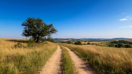 Poster - Charming dirt road through golden fields under a clear blue sky on a sunny day : Generative AI