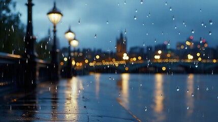 Aufkleber - Rainy city street scene capturing droplets on a glass surface during twilight : Generative AI