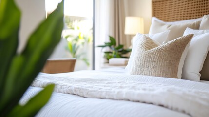 Poster - Comfortable and stylish bedroom with inviting soft linens, neutral decor, and lush greenery for a serene retreat : Generative AI