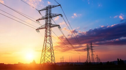 Poster - Silhouette of power lines against a breathtaking sunset sky filled with colors of orange pink and blue : Generative AI