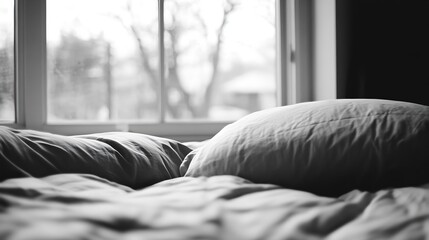 Aufkleber - Cozy and inviting close up of soft bedding with pillows against a window highlighting a relaxing home environment : Generative AI