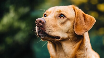 Poster - Portrait of a Labrador Retriever dog with a thoughtful expression against a blurred background of nature : Generative AI