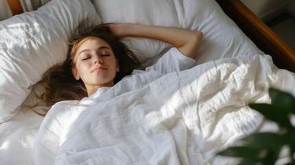 Aufkleber - Young woman peacefully sleeping in a cozy bed surrounded by soft sunlight : Generative AI