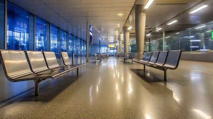 Poster - Empty modern airport terminal with sleek benches and ample natural light illuminating the space : Generative AI