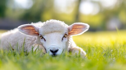 Poster - Adorable baby lamb lying on grass in a sunny meadow capturing the innocence of nature : Generative AI