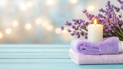 Poster - Lavender Spa Set with Candle for Relaxation and Aromatherapy : Generative AI
