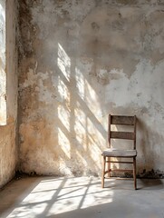 Fototapete - Rustic wooden chair casting shadows in a distressed wall interior with soft light : Generative AI