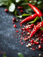 Aufkleber - Fresh Red Chili Peppers and Green Leaves on Dark Rustic Table for Flavorful Cooking : Generative AI