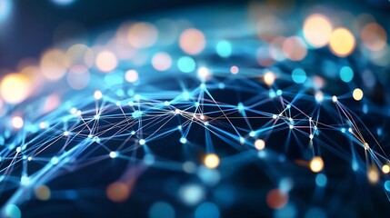 Fototapete - Abstract Network Connection with Bright Bokeh Lights and Digital Nodes in Background : Generative AI