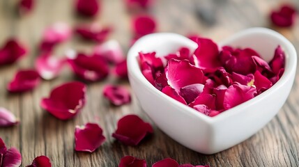 Poster - Heart shaped bowl filled with vibrant rose petals on a rustic wooden background : Generative AI