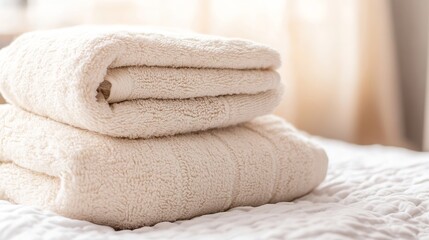 Aufkleber - Stack of Soft White Towels on a Cozy Bed in a Light Filled Room : Generative AI