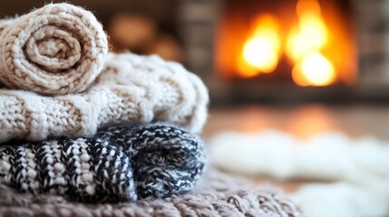Aufkleber - Cozy Knitted Blankets Rolled Neatly Over a Warm Fireplace with Soft Hearth Flames : Generative AI
