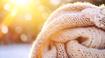 Poster - Warm Knitted Scarf Under Soft Glowing Sunlight for Cozy Winter Vibes : Generative AI