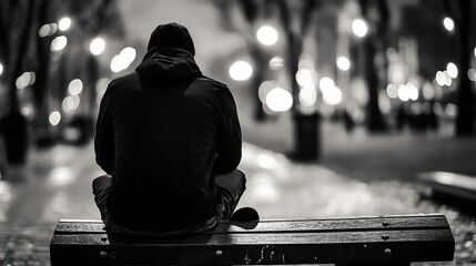 Aufkleber - Silhouetted figure on a park bench surrounded by soft glowing lights in an evening atmosphere : Generative AI