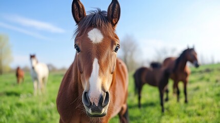 Poster - Close up of a curious horse gazing into the camera with other horses grazing in a lush green field : Generative AI