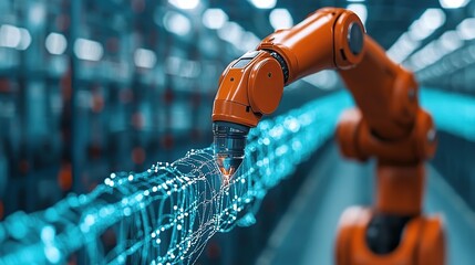 Poster - Orange robot arm manipulating digital data in factory