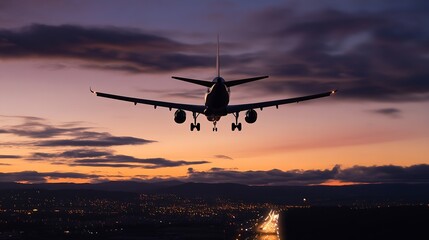 Aufkleber - Silhouette of Airplane Landing at Dusk Against Colorful City Skyline : Generative AI