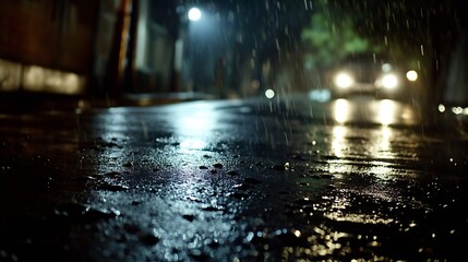 Aufkleber - Moody nighttime scene of a rainsoaked street illuminated by vehicle headlights creating a dramatic atmosphere : Generative AI