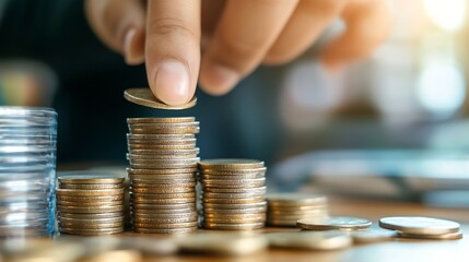 Poster - Hand placing a coin on top of stacks of coins depicting financial growth concept and investment strategy : Generative AI