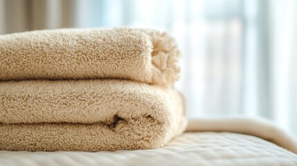 Poster - Fluffy beige towels stacked neatly on a bed for a clean and inviting bathroom scene : Generative AI