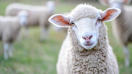 Poster - Curious sheep gazing into the camera with a soft focus of a peaceful pasture in the background : Generative AI