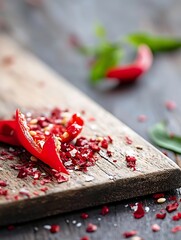 Aufkleber - Close up view of red chili pepper flakes on wooden cutting board with vibrant background : Generative AI