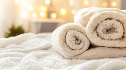Aufkleber - Rolled Soft Towels on a Bed Surrounded by Warm Lights Creating a Relaxing Ambiance : Generative AI
