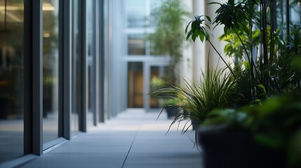 Poster - Serene Indoor Garden with Lush Green Plants Surrounded by Modern Architecture : Generative AI
