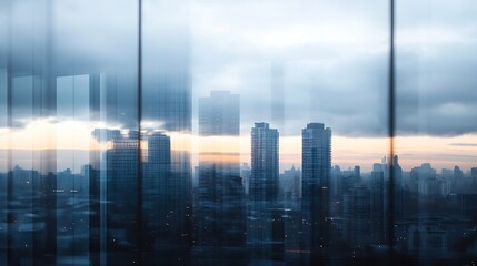 Poster - Stunning urban skyline captured through a reflective glass window during twilight : Generative AI