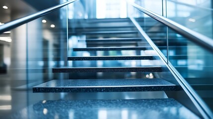 Poster - Modern stylish staircase with glass railing in a corporate building emphasizing architectural design : Generative AI