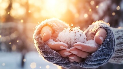 Aufkleber - woman holding snowball in warm mittens surrounded by sparkling winter light : Generative AI