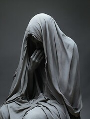 Poster - Emotive sculpture of a cloaked figure expressing deep sorrow and contemplation in a minimalistic setting : Generative AI