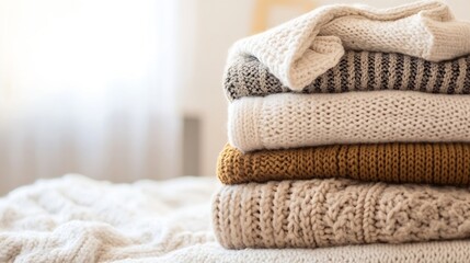 Poster - Stack of Cozy Knit Sweaters in Soft Beige and Cream Shades on a Bed : Generative AI